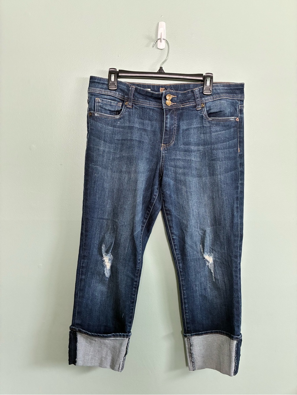 KUT from the Kloth Cameron Straight Leg Jeans Womens 12 Cuffed Distressed Blue